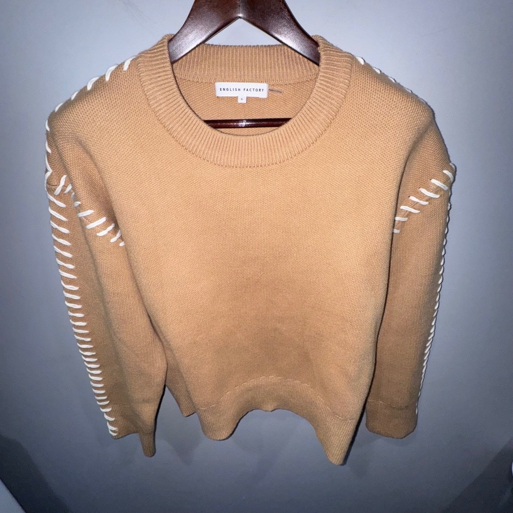 English Factory Whip Contrast Stitch Sweater Camel Relaxed Fit Long Sleeve Sz S - Picture 12 of 16
